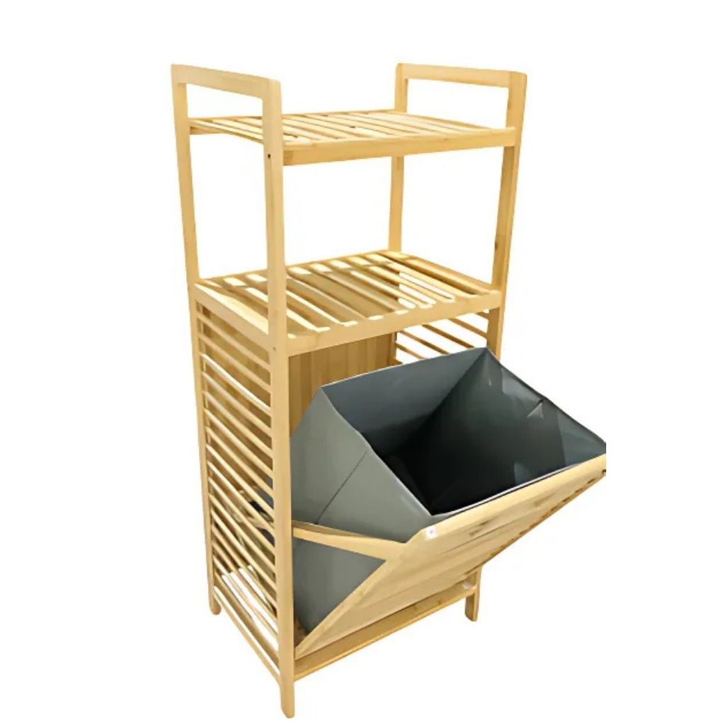 Wooden shelf with a gray bin on a white background