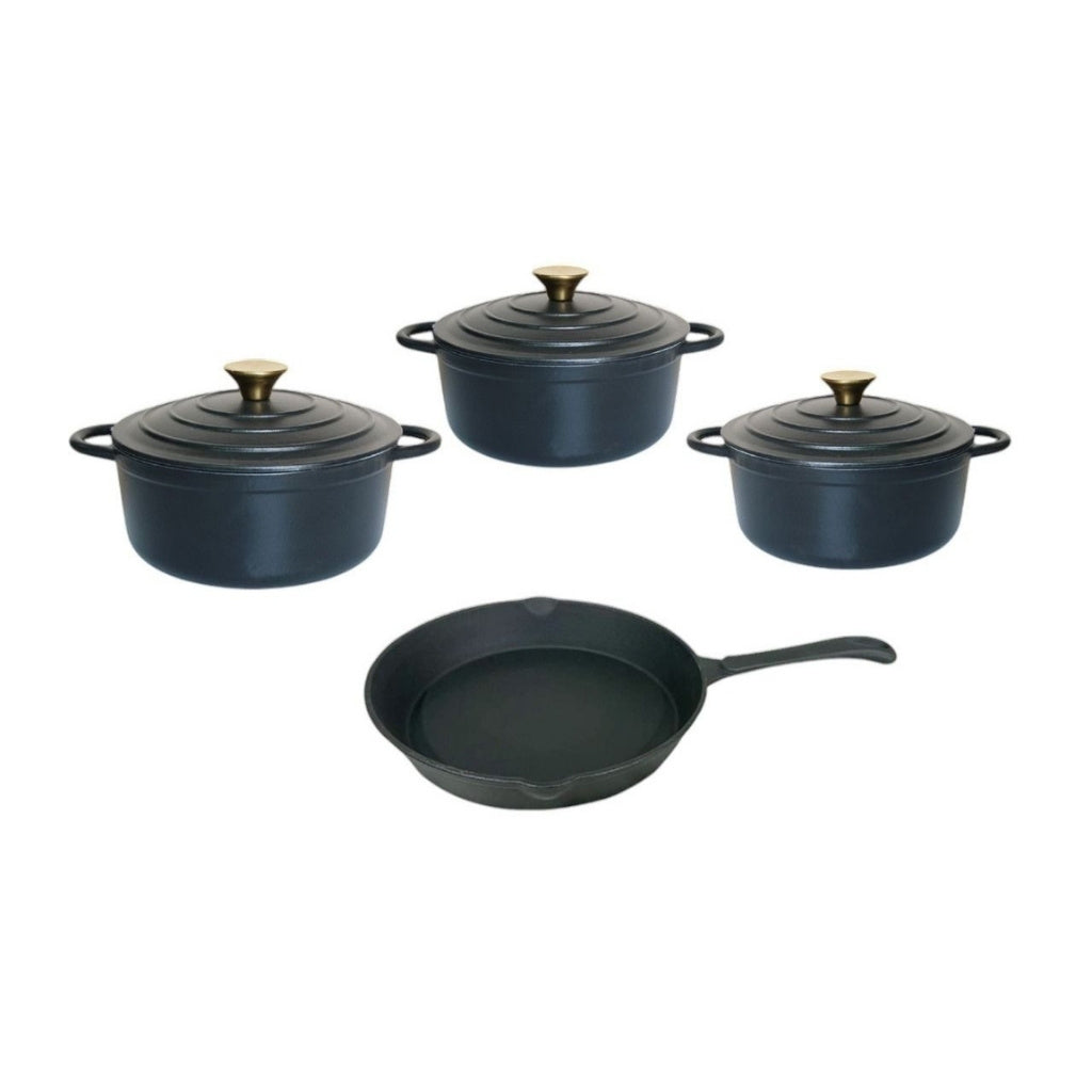 Cast Iron Pot Set - 7pc Continental Matt Black Gold Knobs