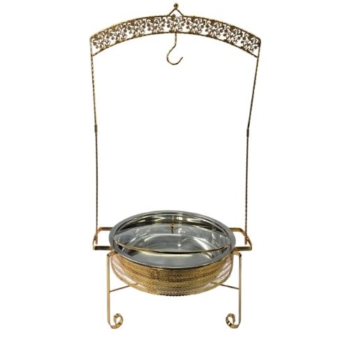 Metallic hanging dish with decorative stand on a white background