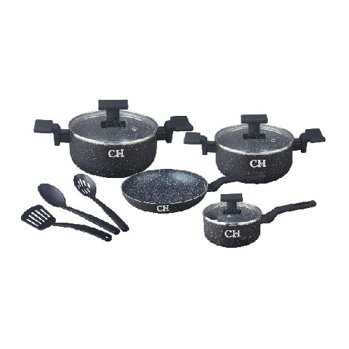 Pot Set - 10 Pcs Marble Finish Non-Stick Cookware