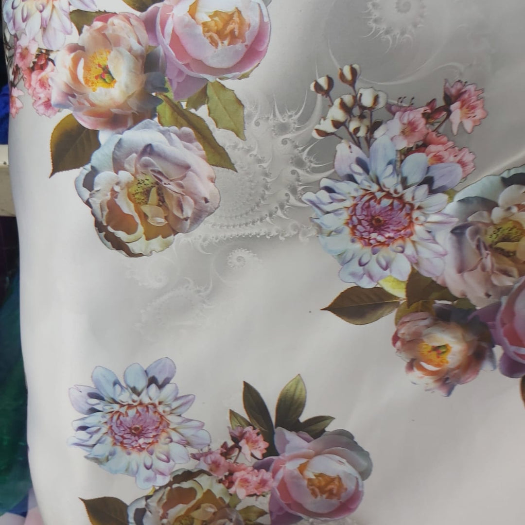 Printed Duchess Satin - Light Grey + Pink