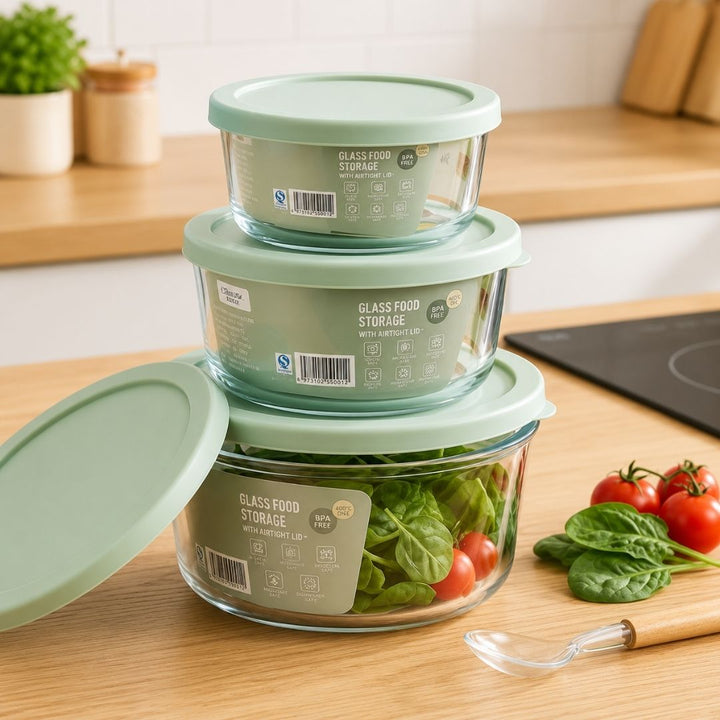 Round Glass Storage Set - Green - 3pc