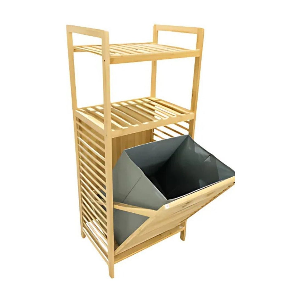 Wooden shelf with a gray bin on a white background