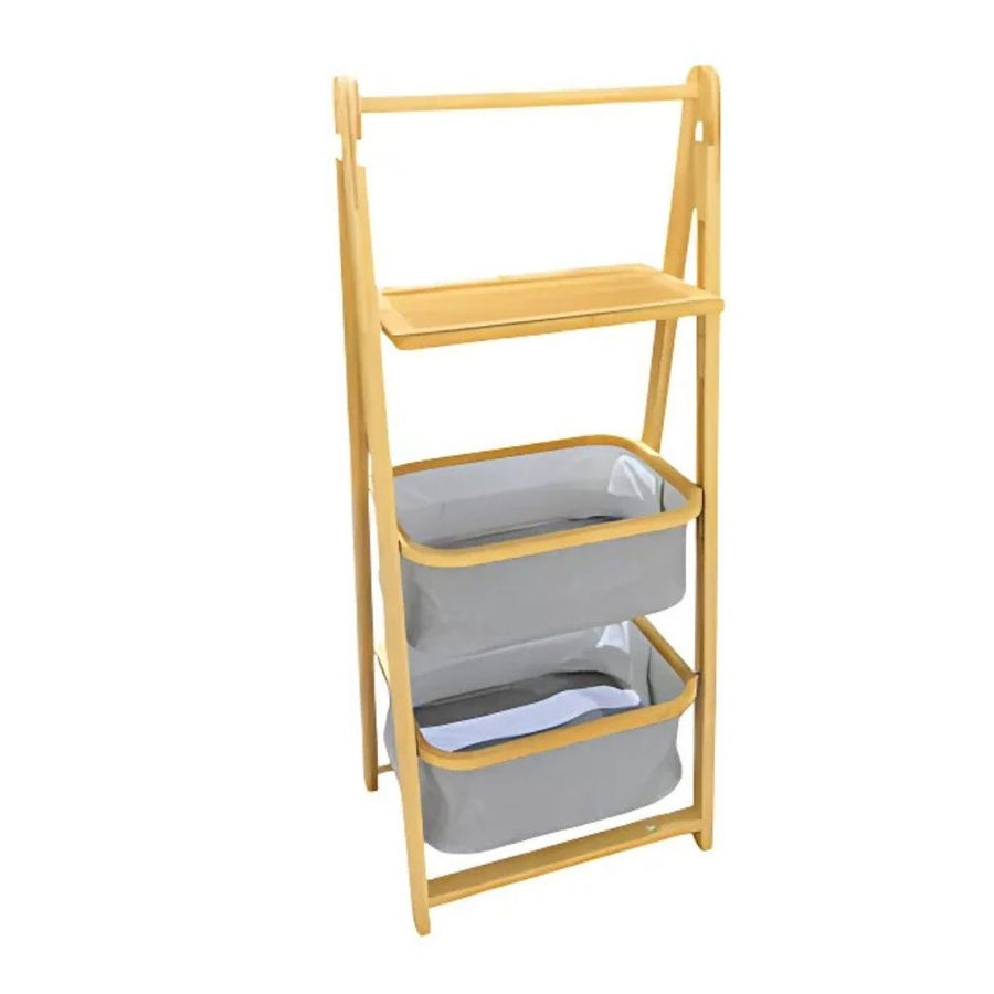 Bamboo ladder shelf with two gray bins on a white background