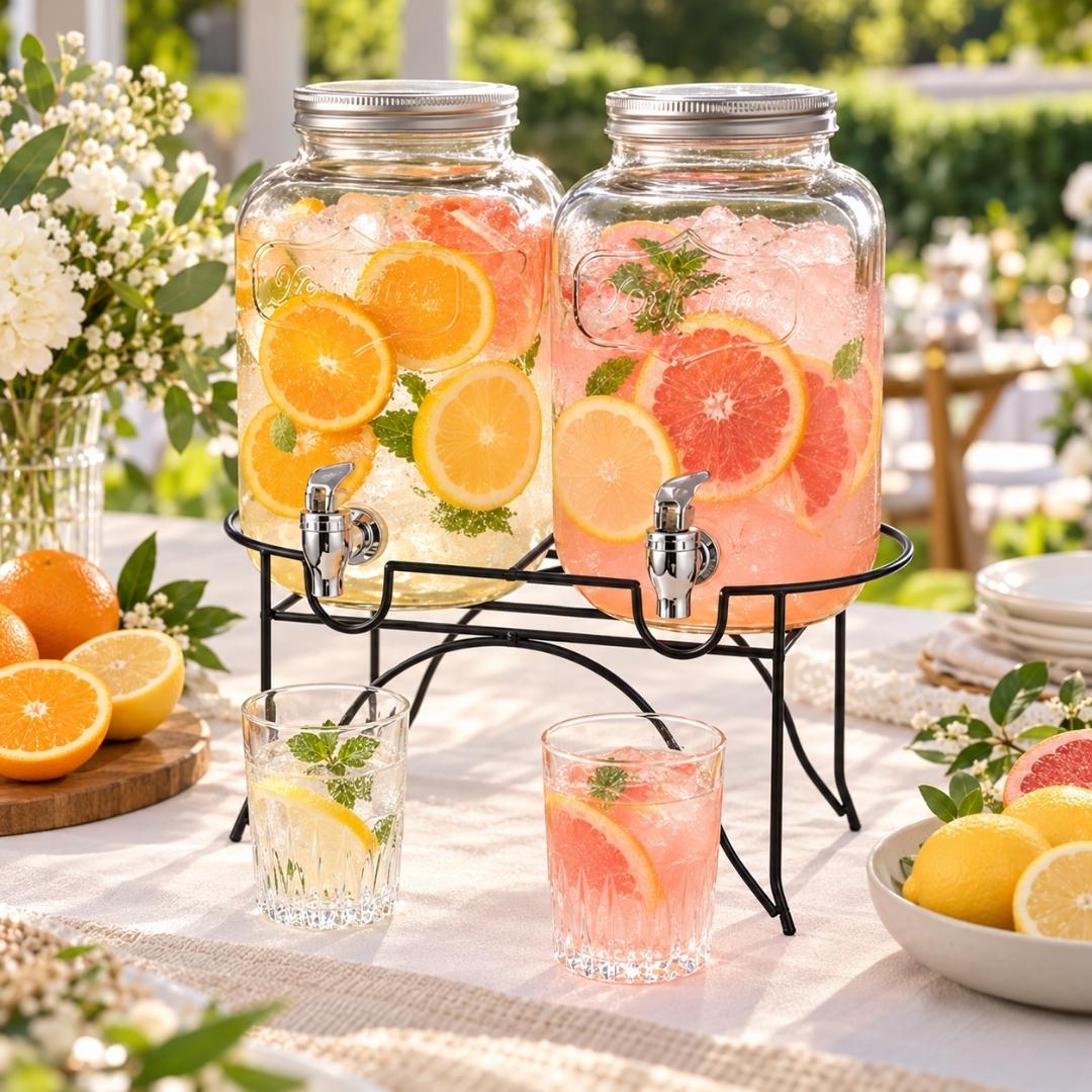 Beverage Dispenser - Twin Glass Set with Stand - 2 × 4L