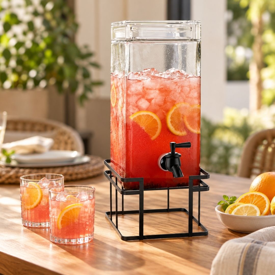 Beverage Dispenser - Galss Rectangular with Stand - 4L