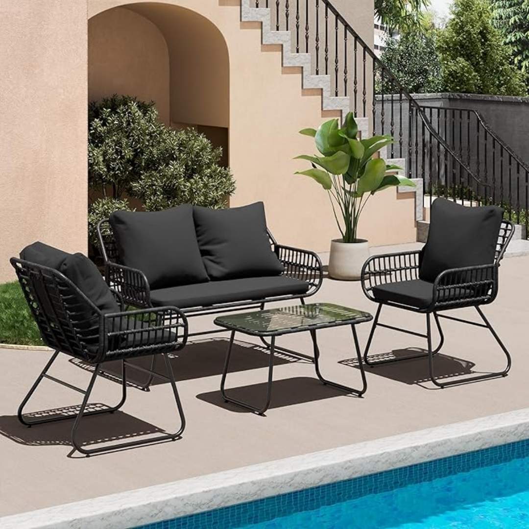 Bifanuo - 4 Piece Rattan Patio Set – Black