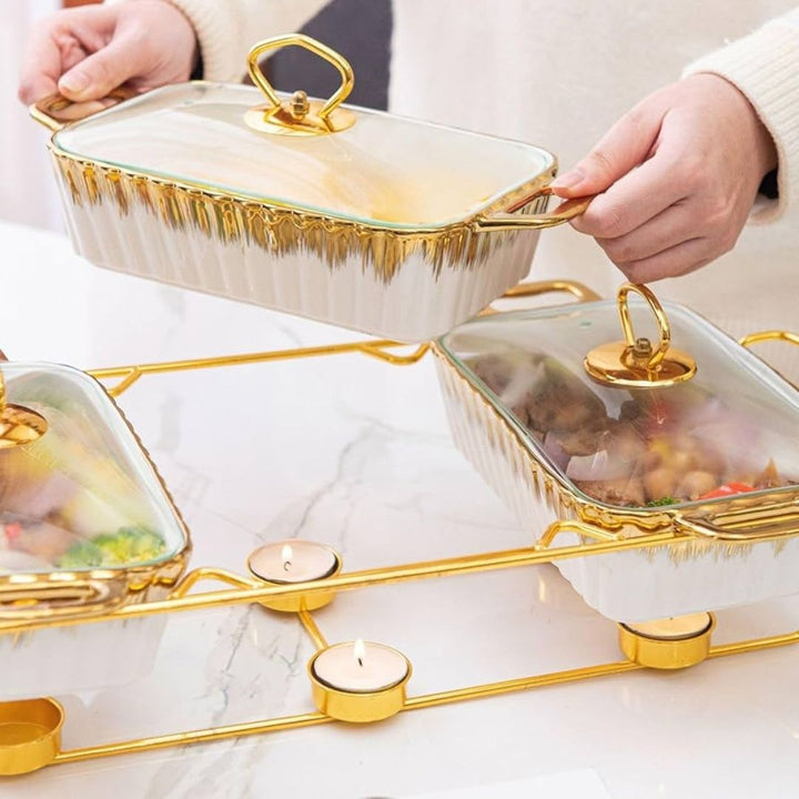 Food Warmer - 3 Division - White with Gold frame