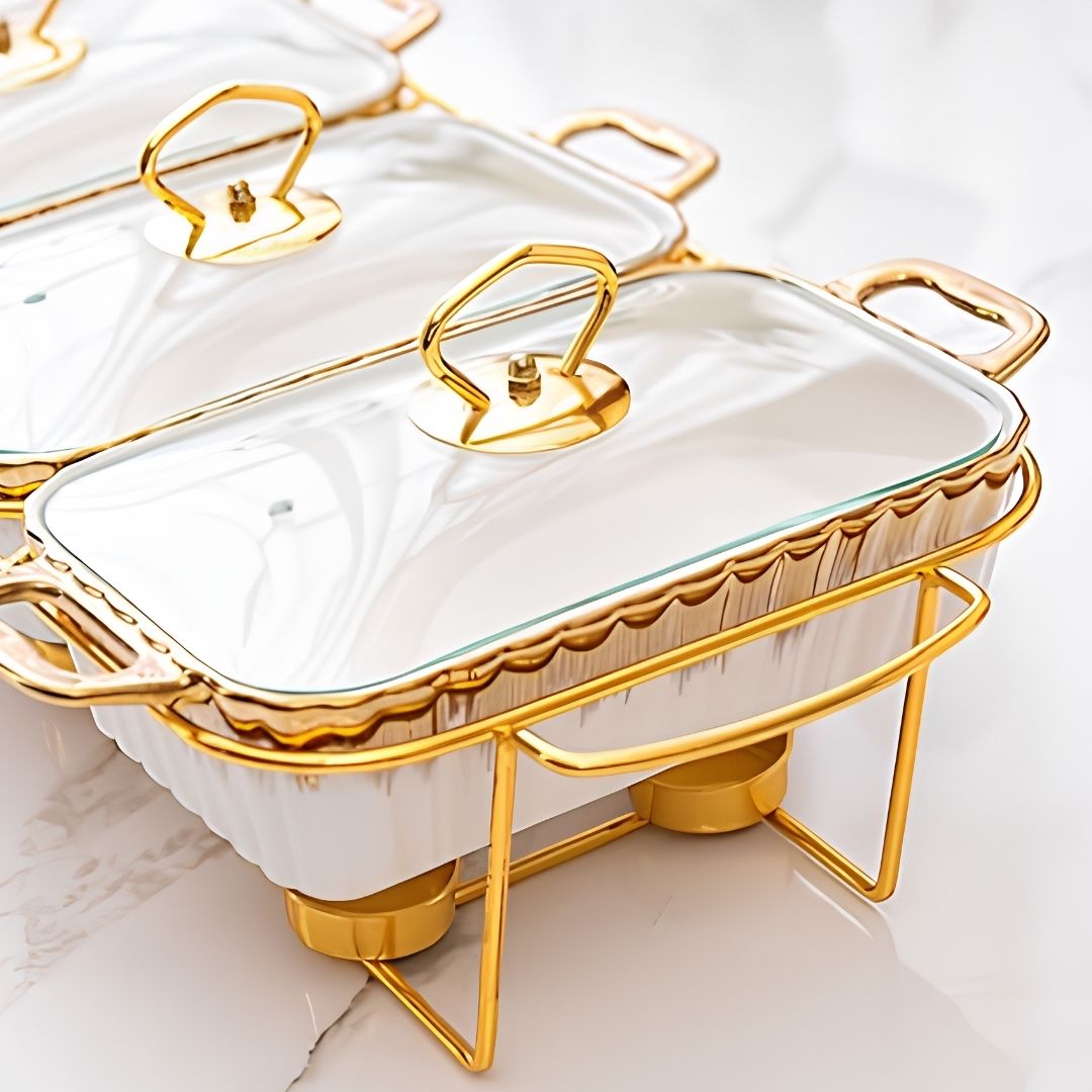 Food Warmer - 3 Division - White with Gold frame