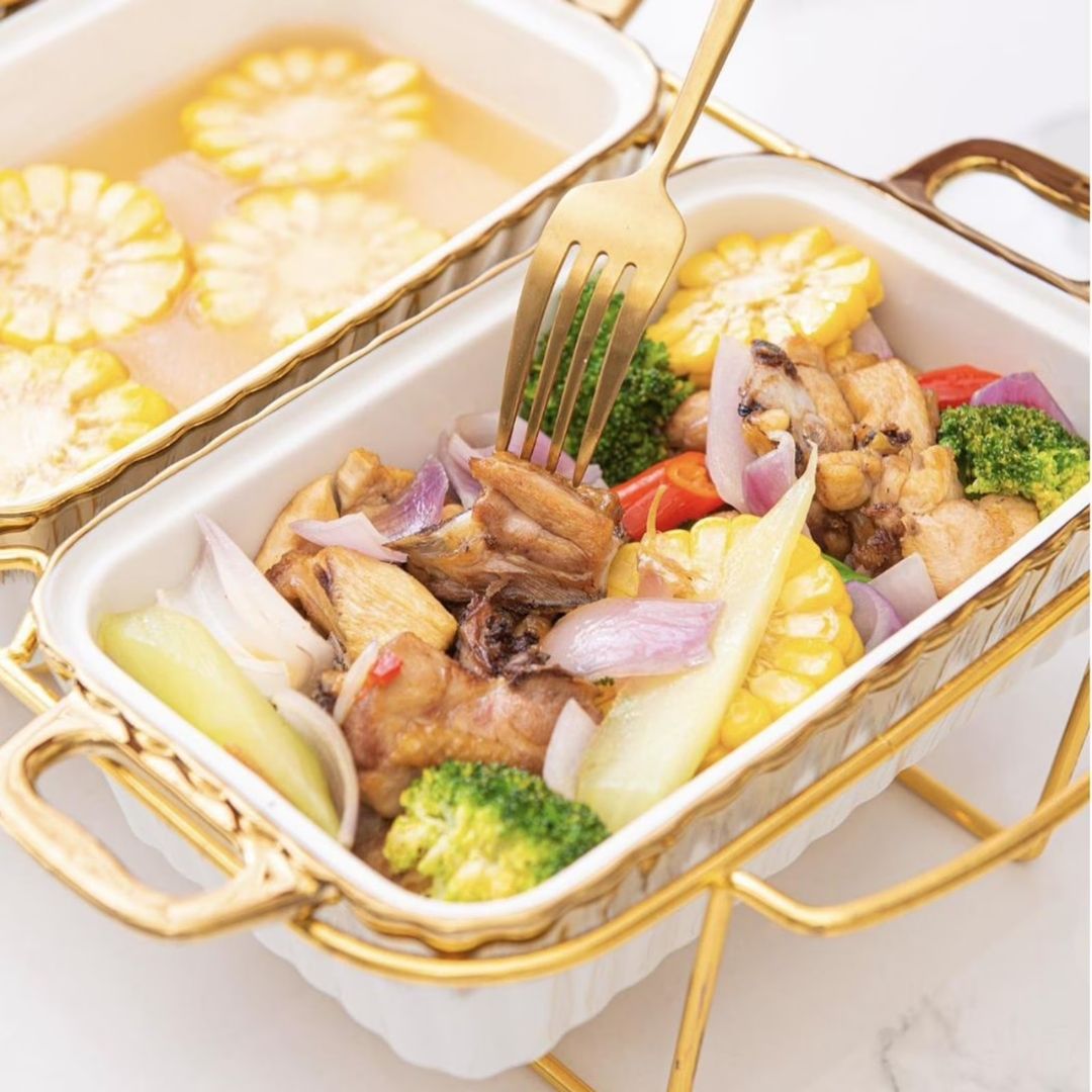 Food Warmer - 3 Division - White with Gold frame