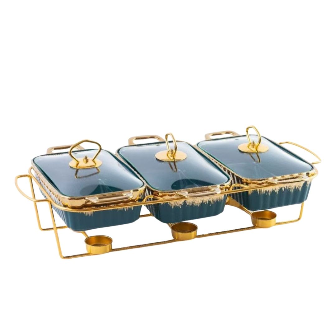 Food Warmer - 3 Division - Green with Gold Frame