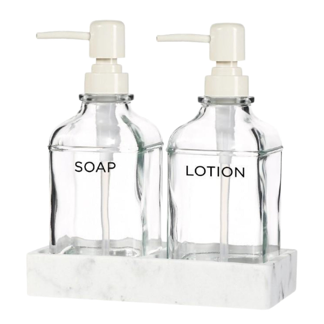 Liquid Dispenser Set With Marble Tray - 3 Pcs