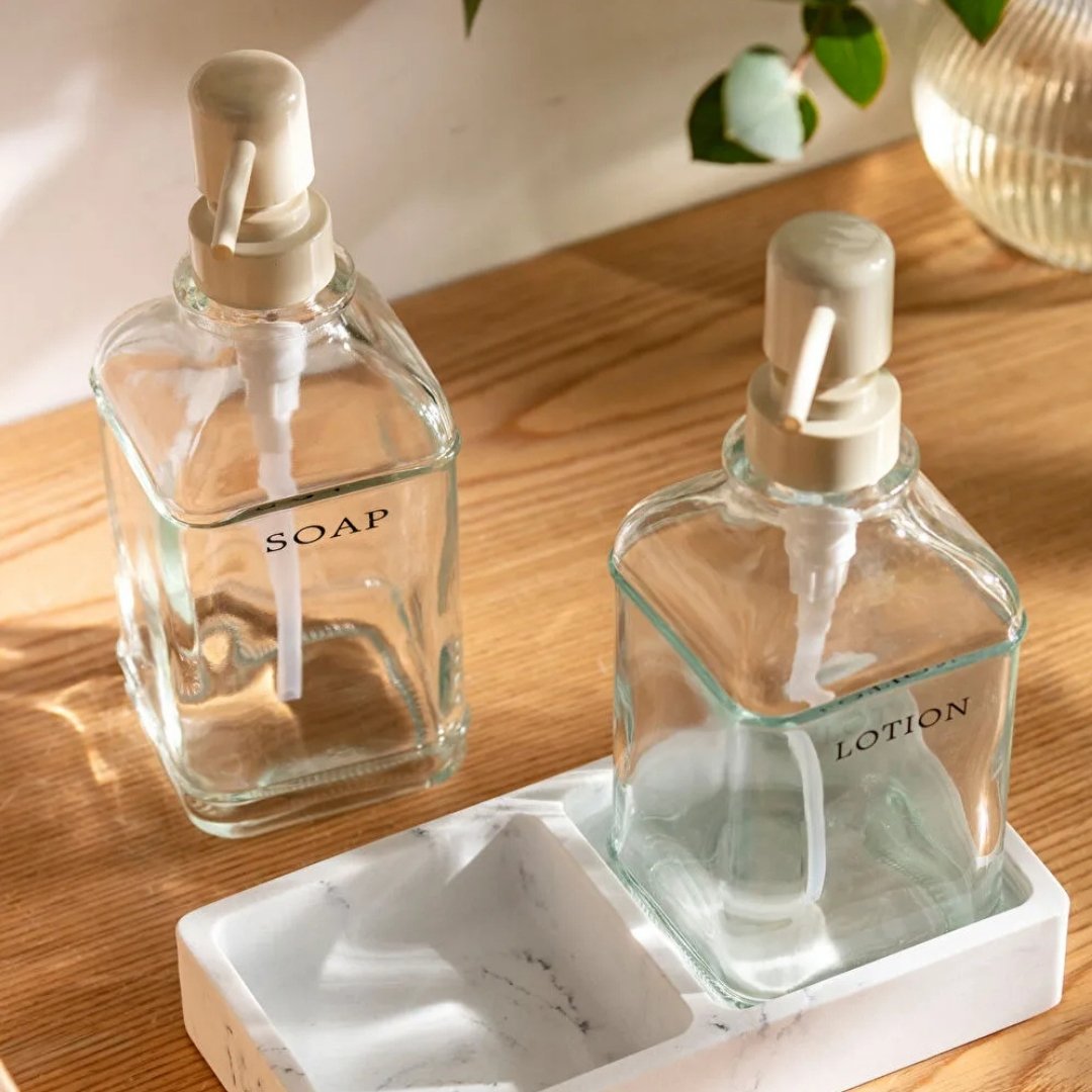 Liquid Dispenser Set With Marble Tray - 3 Pcs