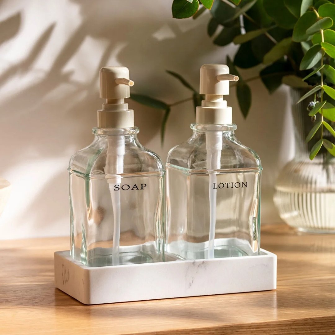 Liquid Dispenser Set With Marble Tray - 3 Pcs