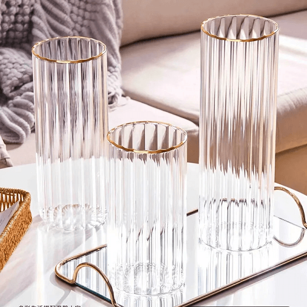 Table Decor - Glass Reeded Gold Rim Vase