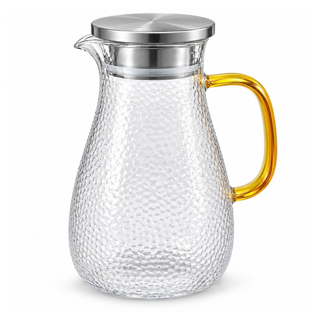 Water Jug - Stylish Glass with Gold Handle &amp; Lid - 1.8L