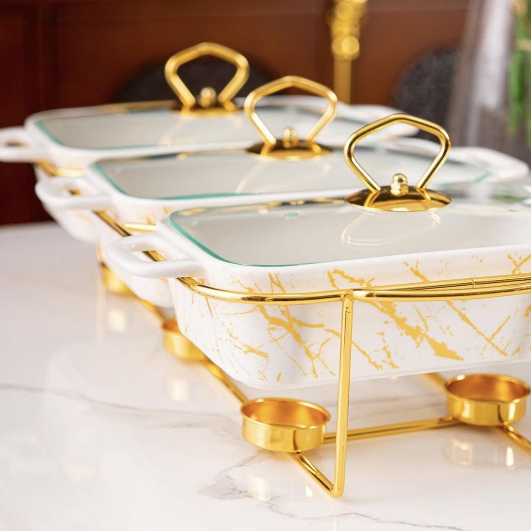 Food Warmer - 3 Division - White with Gold frame