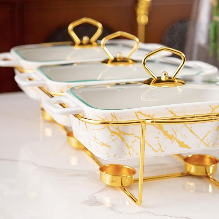 Food Warmer - 3 Division - White with Gold frame