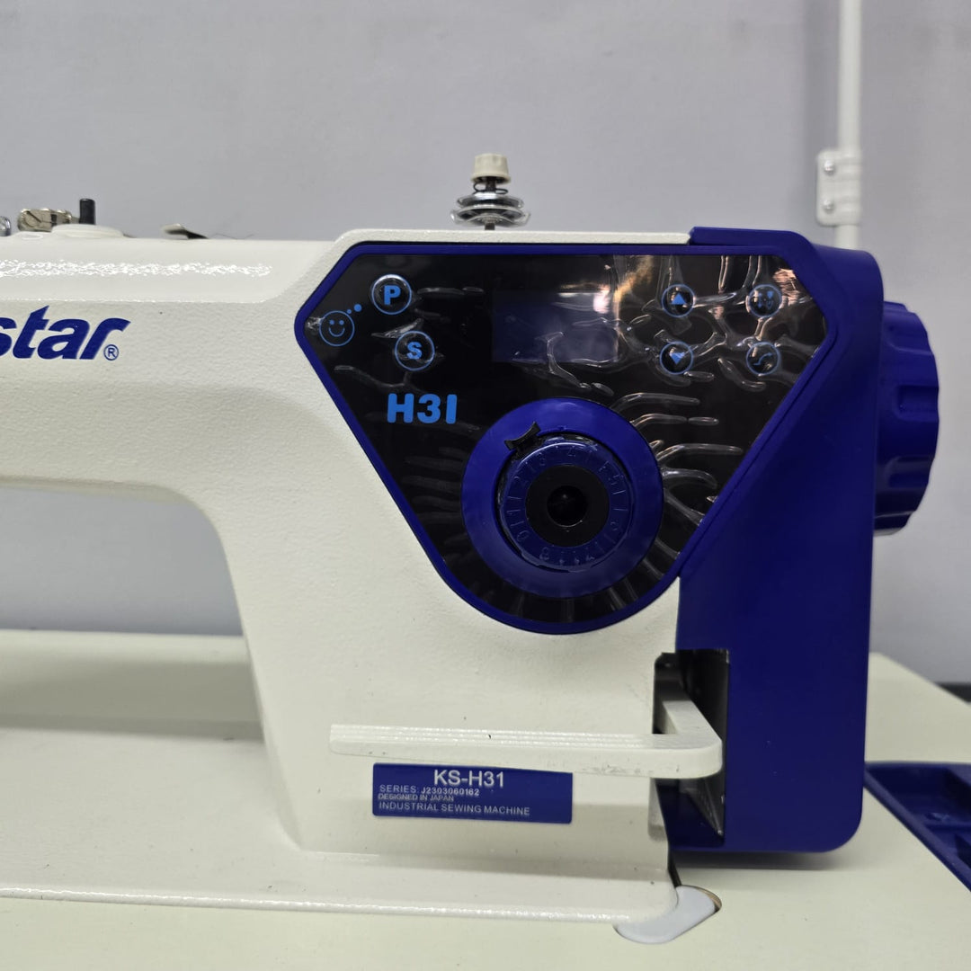 Sewing machine with a blue motor and 'H31' label on a white background
