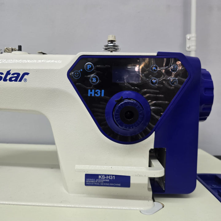 Sewing machine with a blue motor and 'H31' label on a white background