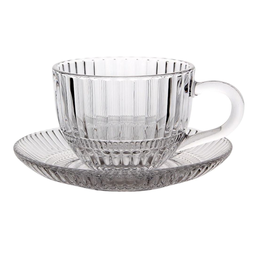 Ribbed Clear Glass Tea Cup & Saucer - 6 Piece