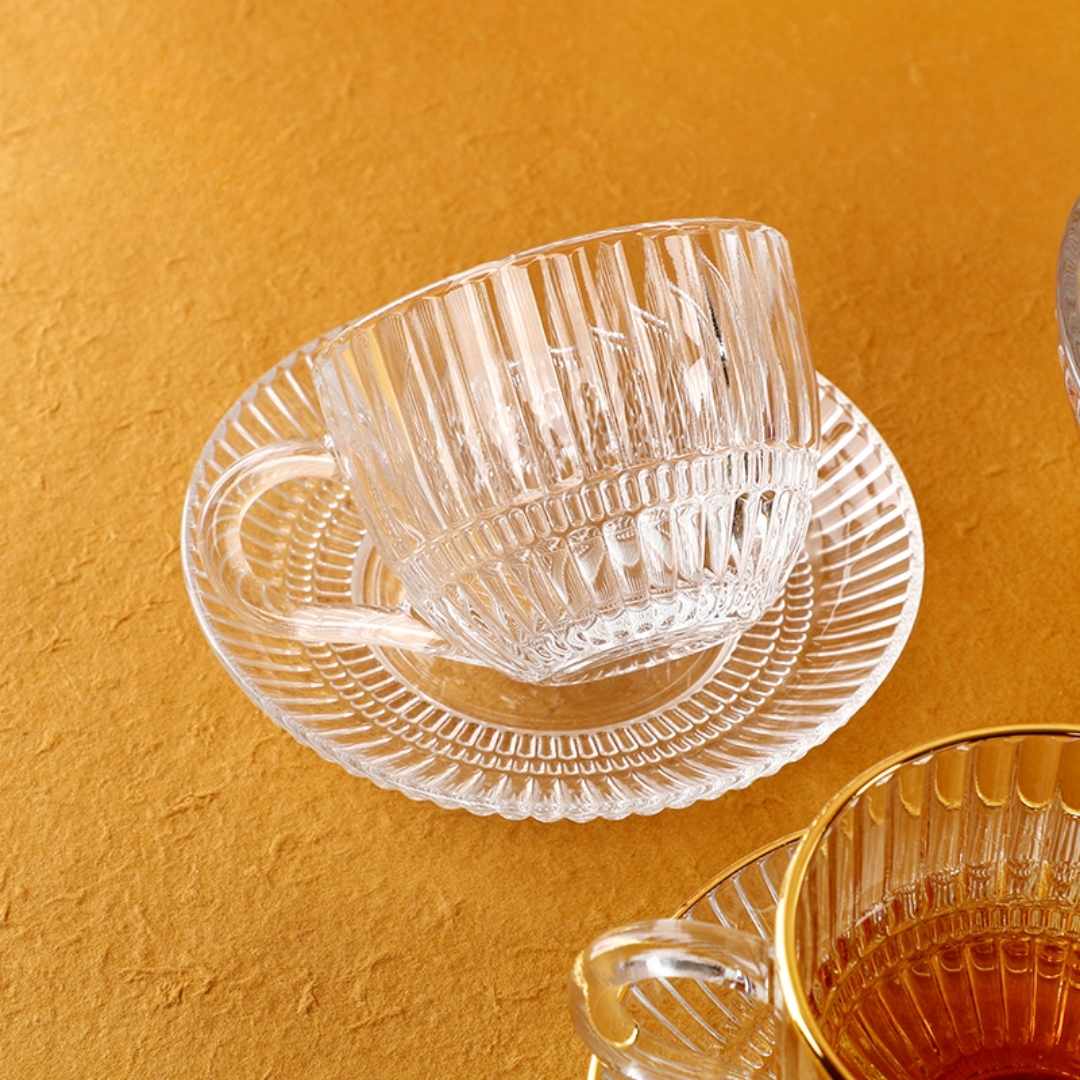 Ribbed Clear Glass Tea Cup & Saucer - 6 Piece