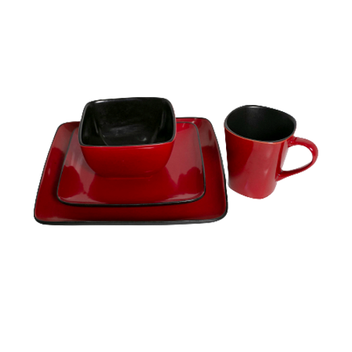 Dinner Sets  - 16pc Square 2 Tone Red & Black