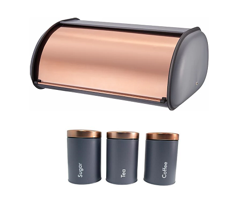 Bread Bin & Canister Set - 4pc Grey & Rose Gold