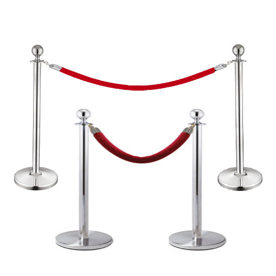 Two stanchion posts with a joining rope, available in different metal finishes such as Rose Gold, Gold, Silver, and Black.