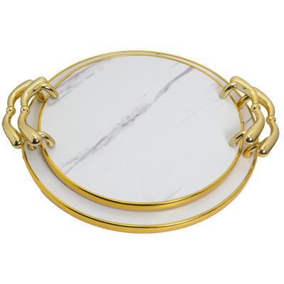 Serving Tray - Round Flat Marble Look 2pc Set