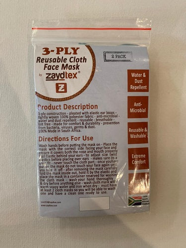 Face Mask - Re-usable Washable Anti-Microbial - 2's