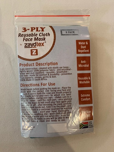 Face Mask - Re-usable Washable Anti-Microbial - 2's